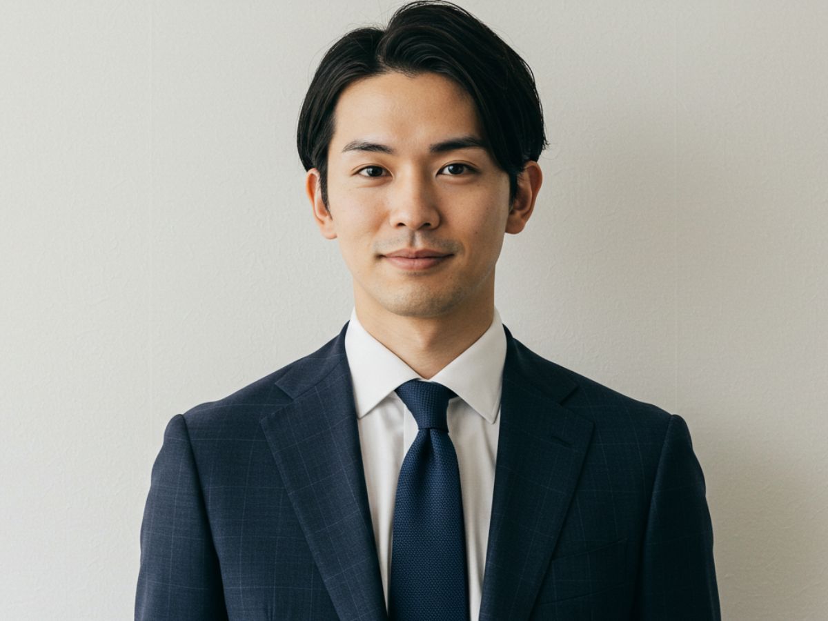 ネイビー チェックスーツ ビジネススーツ 白シャツ ネイビーネクタイ 男性