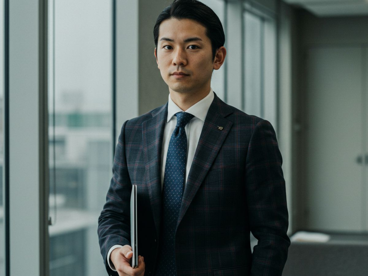 タータンチェックのビジネススーツを着用した男性