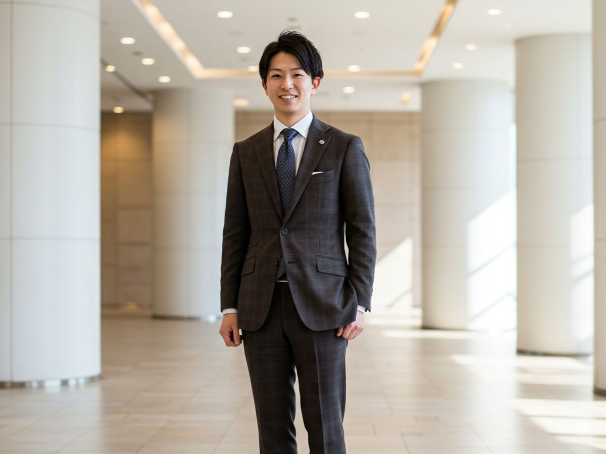 ダークブラウンのチェックスーツを着用した男性