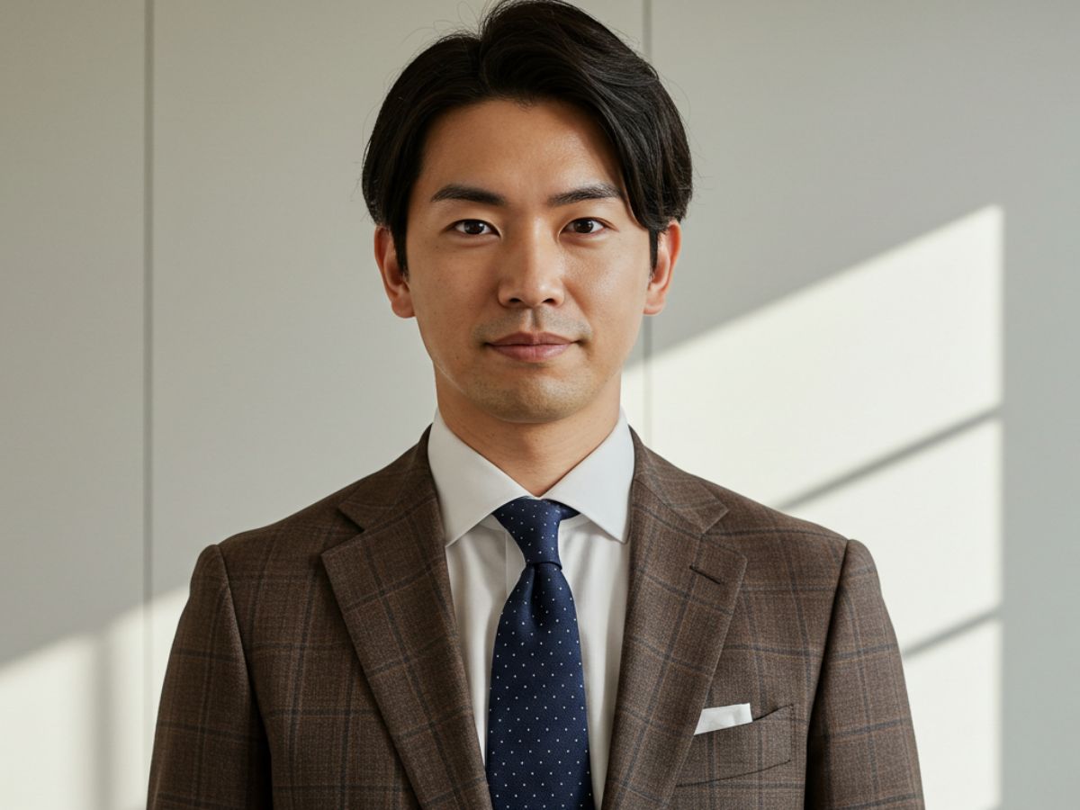 ダークブラウン チェックスーツ カジュアルシーン 男性