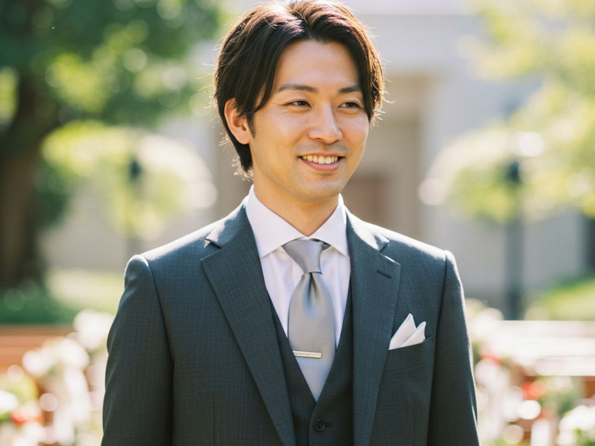 結婚式 ダークグレースーツを着用した男性