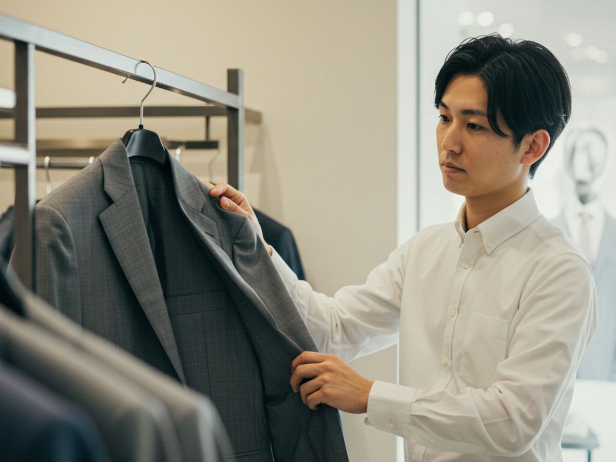 グレーのビジネススーツを選んでいる男性