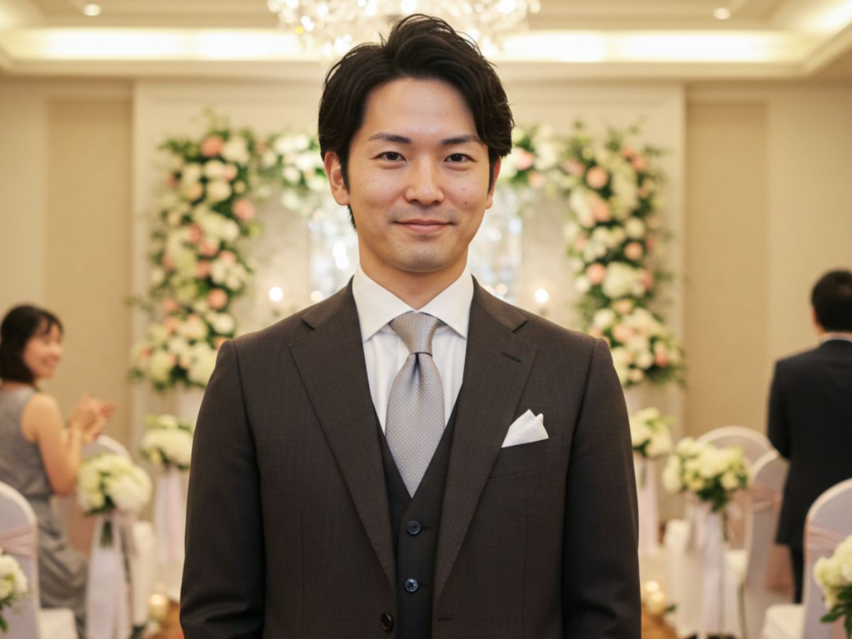 結婚式 ダークブラウンスーツ 白シャツ シルバーネクタイ 男性