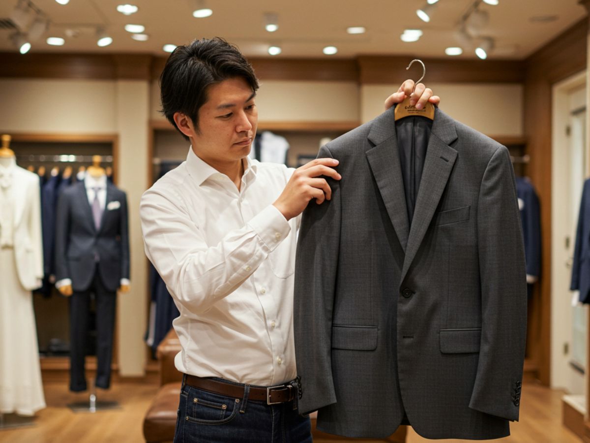 結婚式用のグレースーツを選んでいる男性