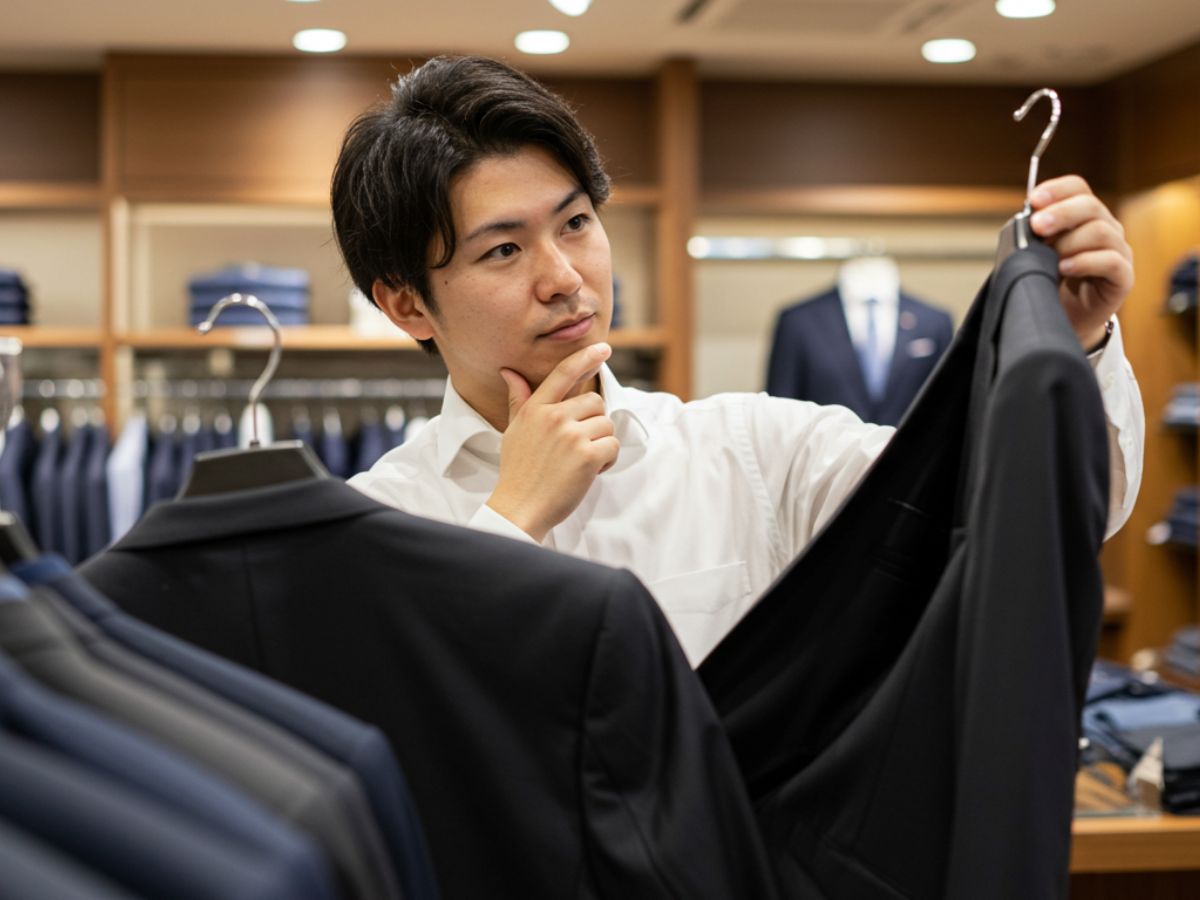 黒のビジネススーツ選びで悩んでいる男性