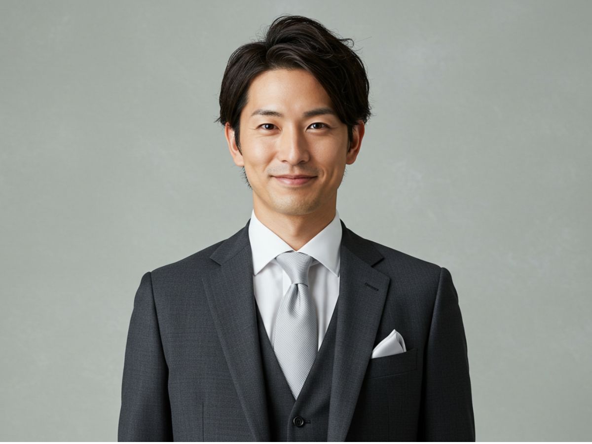 結婚式 ダークグレースーツ 白シャツ シルバーネクタイ 男性