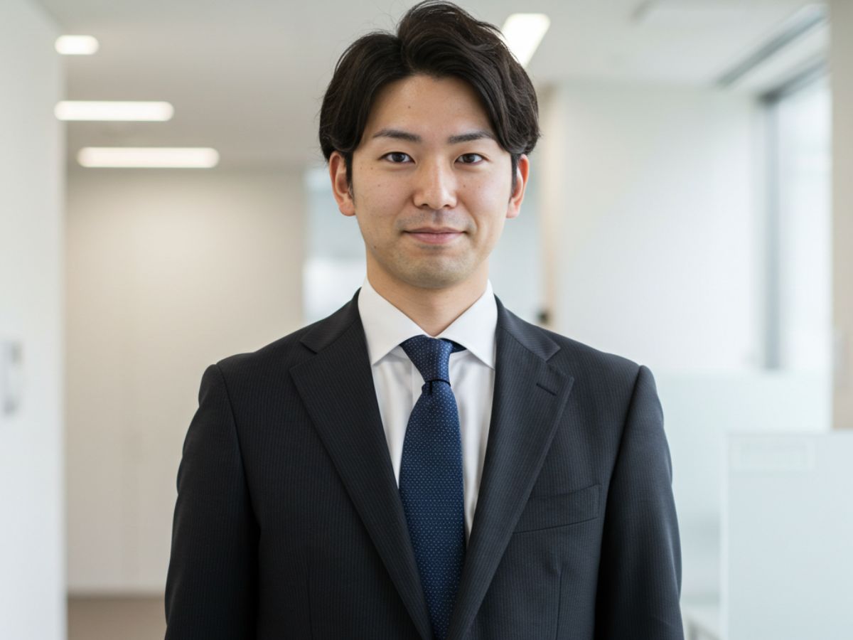黒のビジネススーツ 白シャツ ネイビーのネクタイ 男性
