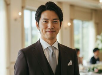 結婚式 ダークブラウンスーツを着用した男性