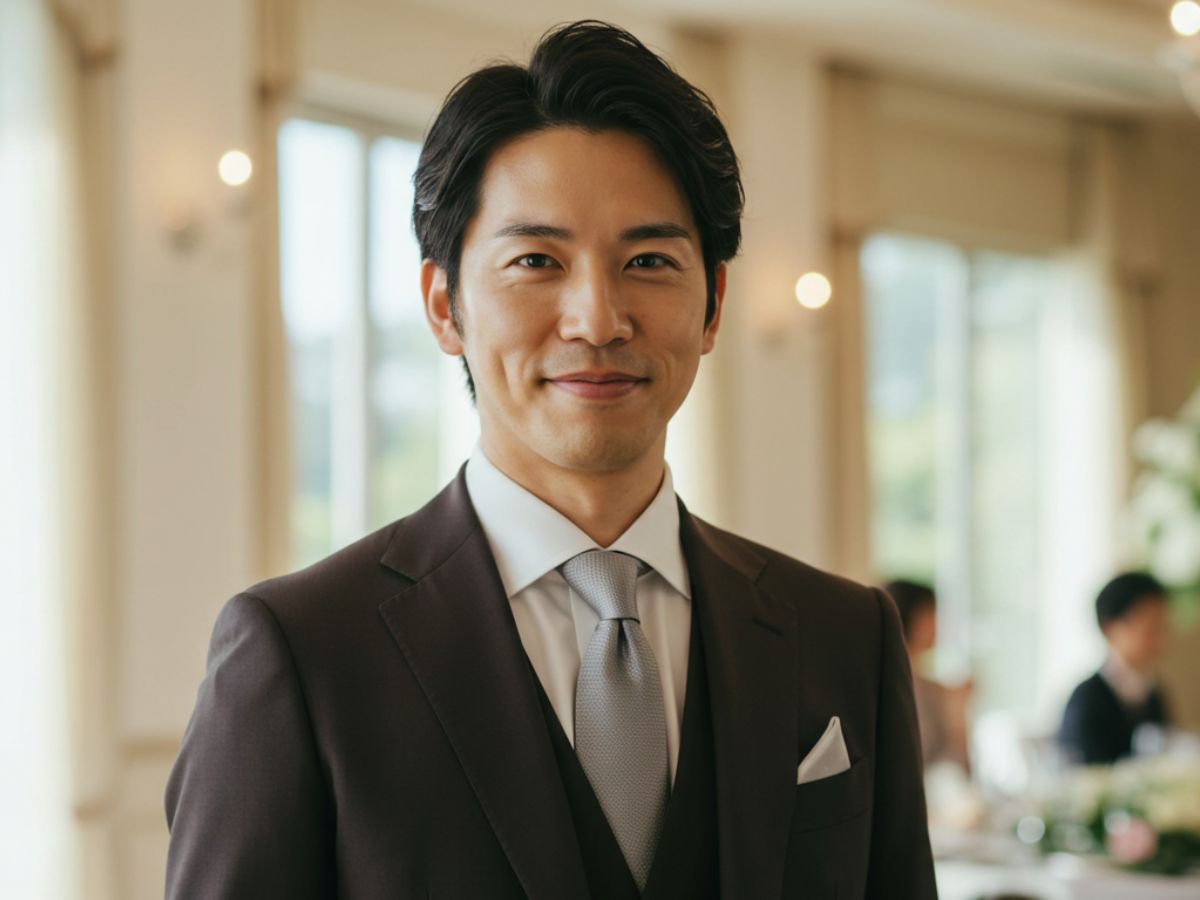 結婚式 ダークブラウンスーツを着用した男性