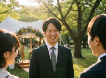 結婚式 黒スーツを着用した男性