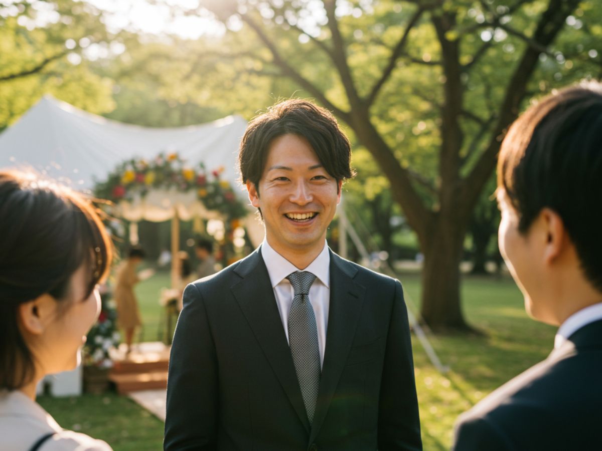 結婚式 黒スーツを着用した男性