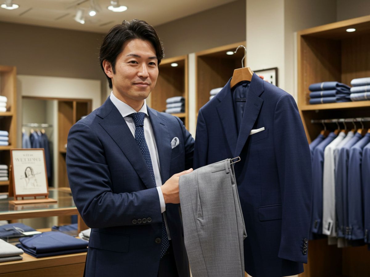 結婚式 カジュアルなジャケパンを選んでいる男性