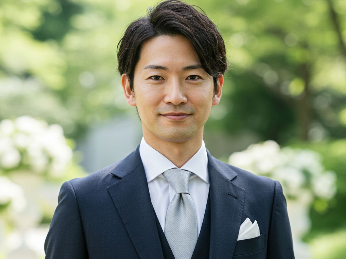 結婚式 ダークネイビースーツを着用した男性