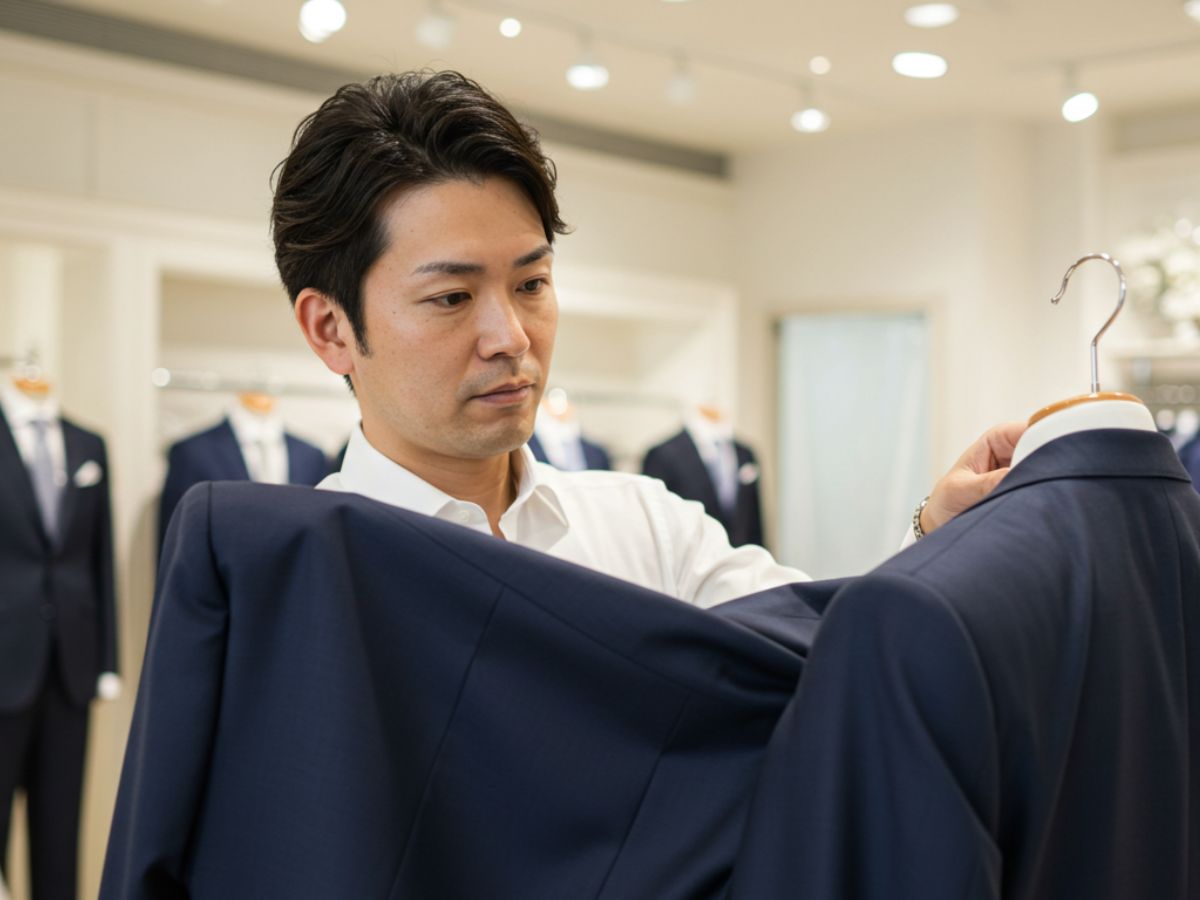 結婚式用のダークネイビースーツを選んでいる男性