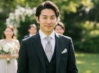 結婚式 ブラックスーツを着用した男性