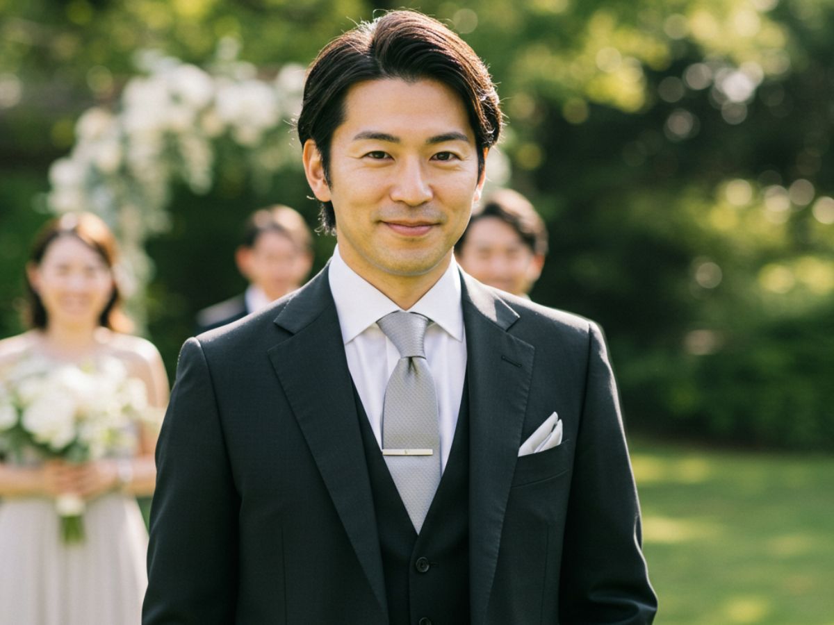 結婚式 ブラックスーツを着用した男性