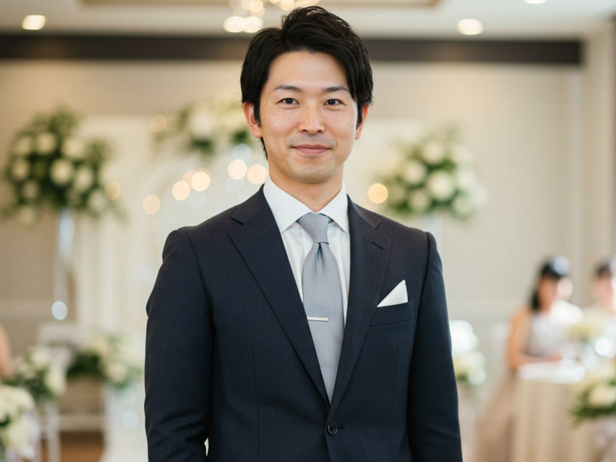 結婚式 ダークネイビースーツ 白シャツ シルバーネクタイ 男性