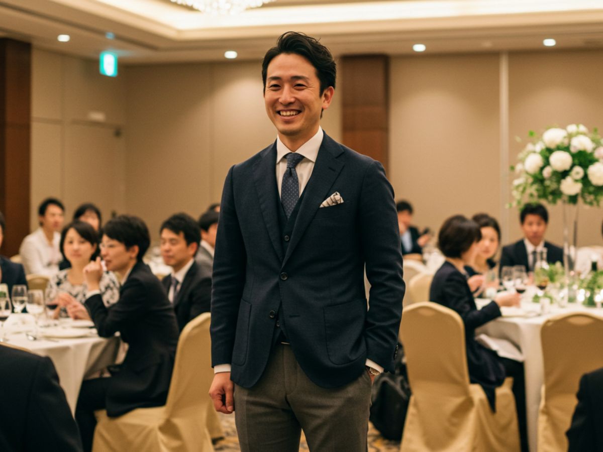 結婚式 二次会 服装 男性 ネイビージャケット グレースラックス