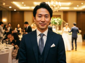 結婚 式 二次会 服装 男性 ダークネイビースーツ