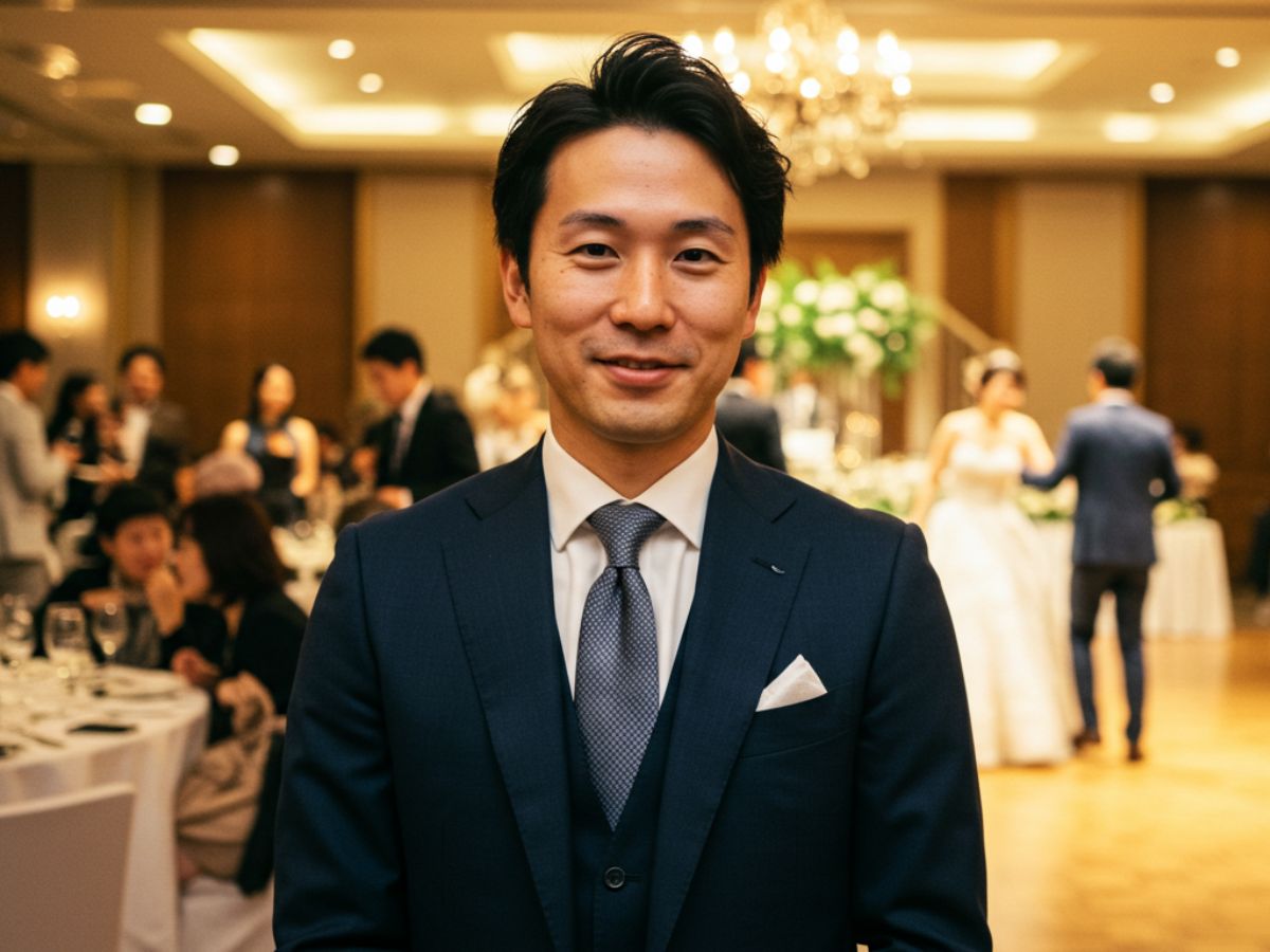 結婚式 二次会 服装 男性 ダークネイビースーツ