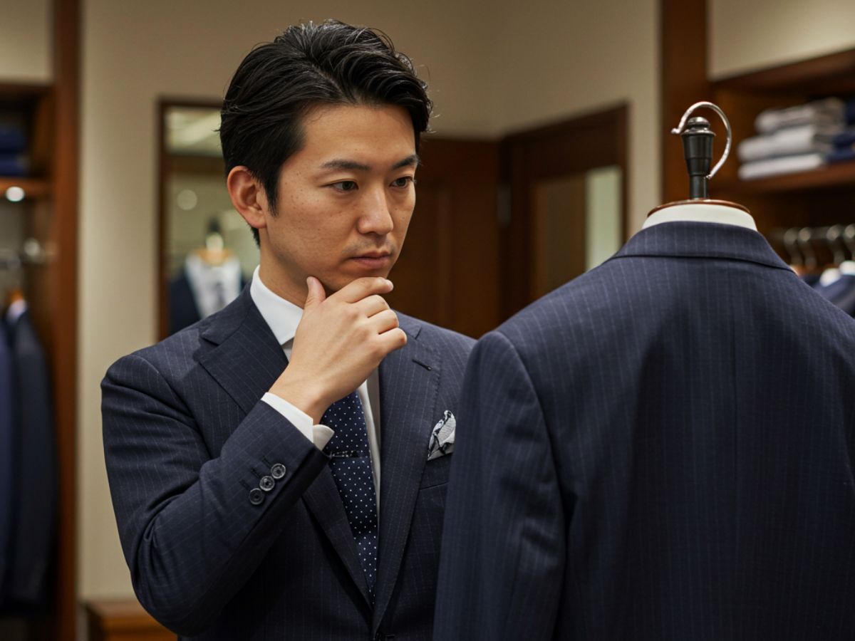 結婚式 ストライプスーツを選んでいる男性